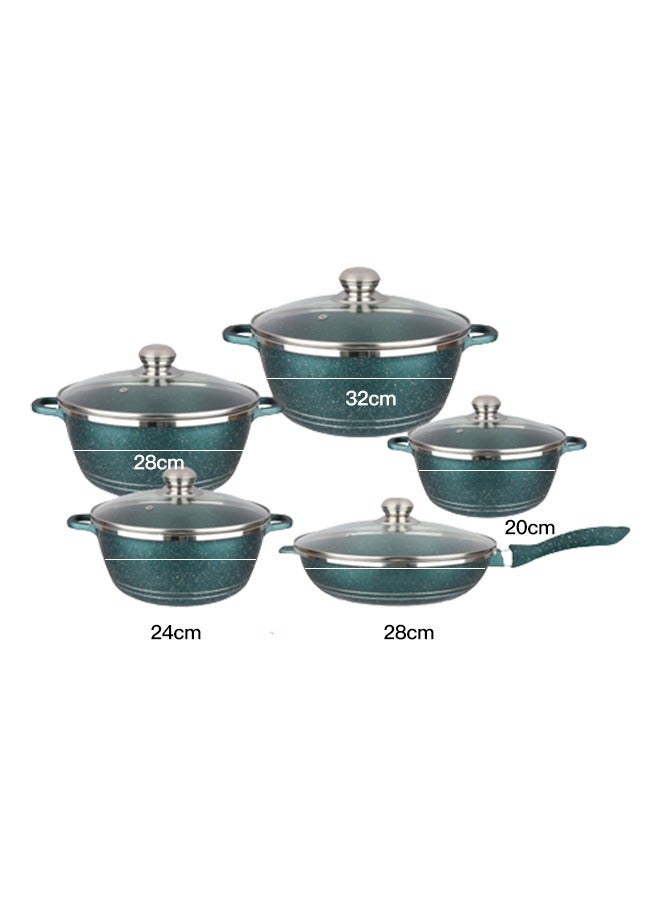 Non Stick Cookware Sets -10-Piece Stock Pots, Fry Pans, Wok With Glass Lids, Pots and Pans Set Includes 16/18/20/22/24cm Stock Pots, Cooking Set Suitable for Induction cooker, gas cooker （Green）