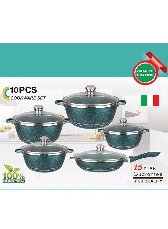 Non Stick Cookware Sets -10-Piece Stock Pots, Fry Pans, Wok With Glass Lids, Pots and Pans Set Includes 16/18/20/22/24cm Stock Pots, Cooking Set Suitable for Induction cooker, gas cooker （Green）