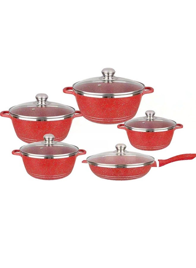 Non-Stick Cookware Set - 10 Pieces Stockpot Frying Pan Wok With Glass Lid Pot Set Includes 16/18/20/22/24 Cm Stockpot Cooking Set Suitable For Induction Cooker Gas Stove (Red)