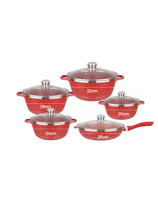 Non-Stick Cookware Set - 10 Pieces Stockpot Frying Pan Wok With Glass Lid Pot Set Includes 16/18/20/22/24 Cm Stockpot Cooking Set Suitable For Induction Cooker Gas Stove (Red)