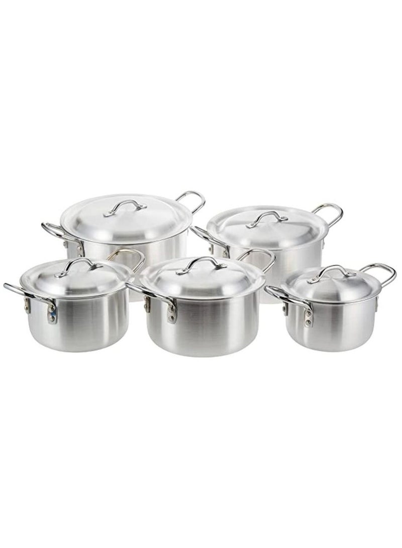 ARTC 10 Pieces Aluminum Cooking Pot Cookware Set With Handles Silver 20cm 22cm 24cm 26cm 28cm