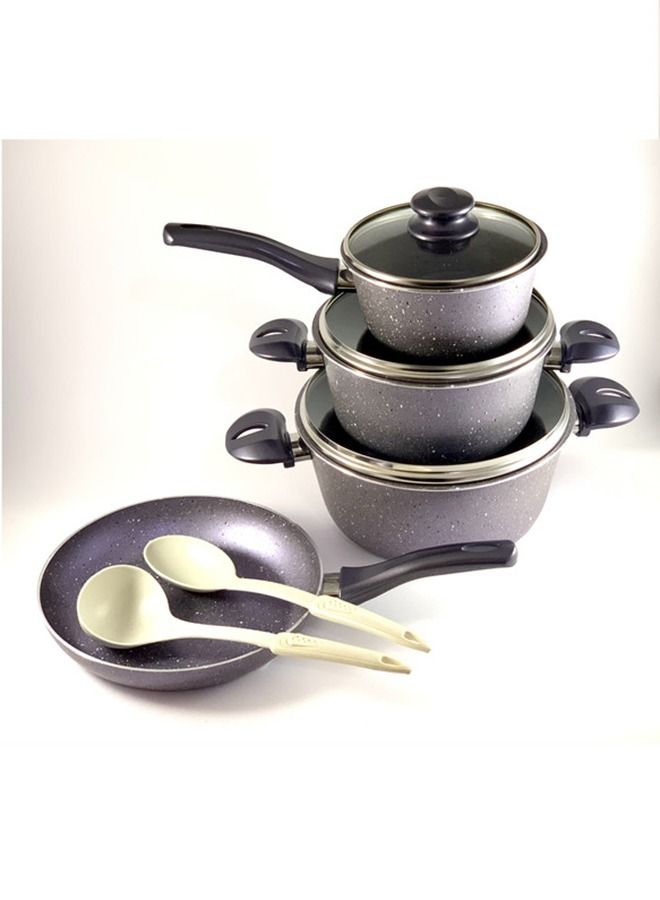 9-Piece Granite Vega Cookware Set - Glass Lids - 2 Deep Pots - 1 Sauce Pan - 1 Frypan - 1 Spoon - 1 Scoop -  Non-Stick Surface - PFOA Free -  Violet/Clear