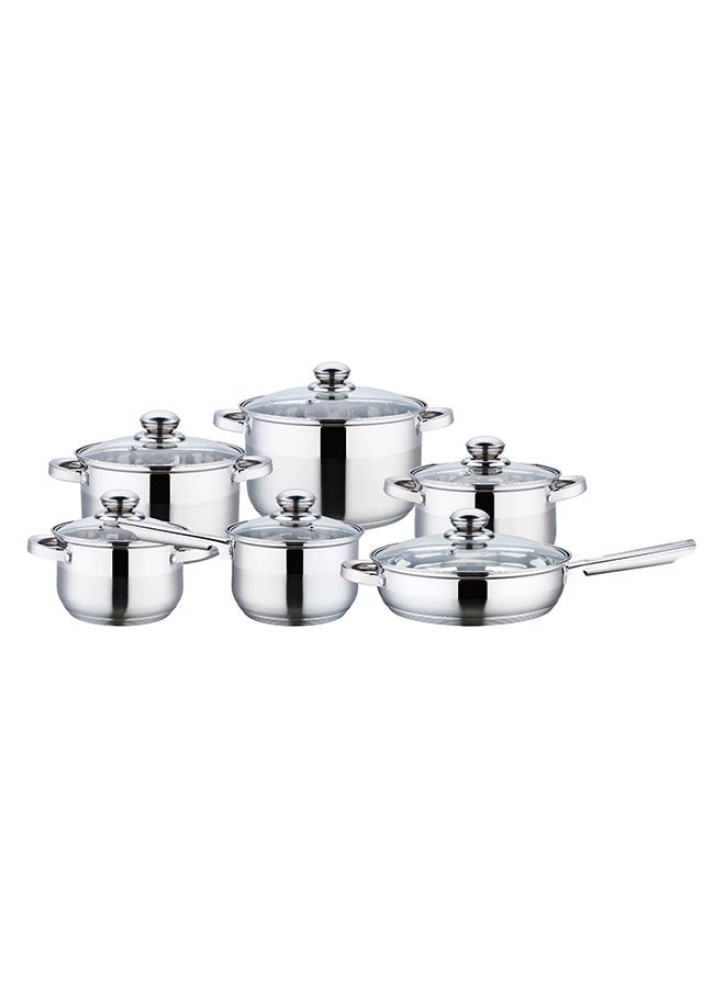 12-Piece Stainless Steel Durable Material Induction Compatible Base Cookware Set Includes 1xCasserole(22x11 cm),1xCasserole(24x12.5 cm),1xCasserole(26x12.8 cm),1xCasserole(18x9.5 cm) 1xSaucepan(33x8 cm),1xFry Pan(24x6 cm),6xLid Silver