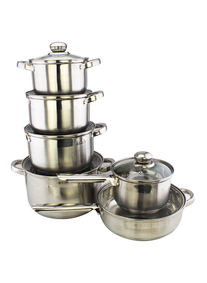 12-Piece Stainless Steel Durable Material Induction Compatible Base Cookware Set Includes 1xCasserole(22x11 cm),1xCasserole(24x12.5 cm),1xCasserole(26x12.8 cm),1xCasserole(18x9.5 cm) 1xSaucepan(33x8 cm),1xFry Pan(24x6 cm),6xLid Silver