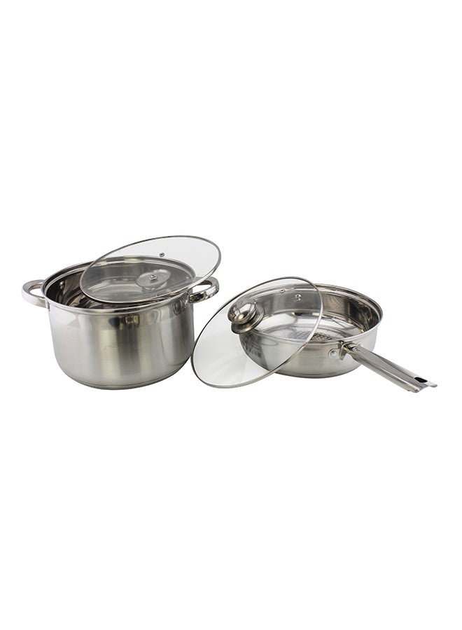 12-Piece Stainless Steel Durable Material Induction Compatible Base Cookware Set Includes 1xCasserole(22x11 cm),1xCasserole(24x12.5 cm),1xCasserole(26x12.8 cm),1xCasserole(18x9.5 cm) 1xSaucepan(33x8 cm),1xFry Pan(24x6 cm),6xLid Silver