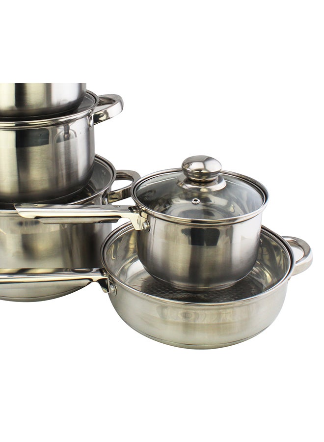 12-Piece Stainless Steel Durable Material Induction Compatible Base Cookware Set Includes 1xCasserole(22x11 cm),1xCasserole(24x12.5 cm),1xCasserole(26x12.8 cm),1xCasserole(18x9.5 cm) 1xSaucepan(33x8 cm),1xFry Pan(24x6 cm),6xLid Silver