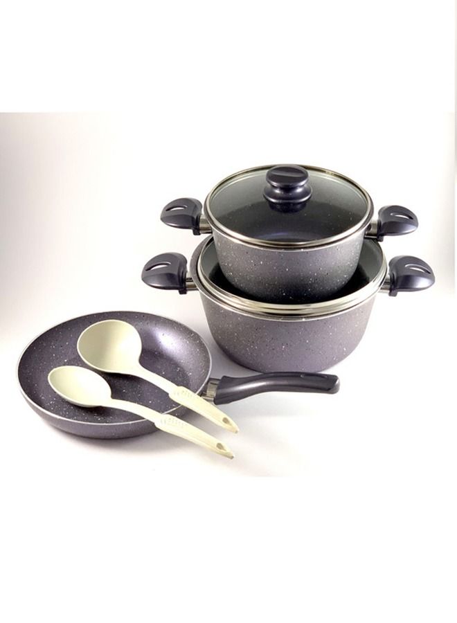7-Piece Granite Eva Cookware Set - Glass Lids - 2 Deep Pots - 1 Frypan - 1 Spoon - 1 Scoop -  Non-Stick Surface - PFOA Free -  Violet