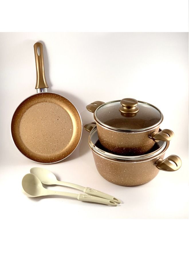 7-Piece Granite Eva Cookware Set - Glass Lids - 2 Deep Pots - 1 Frypan - 1 Spoon - 1 Scoop -  Non-Stick Surface - PFOA Free -  Brown