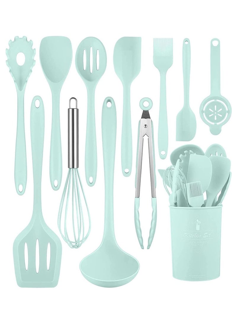 Silicone Cookware Set, 12 Pieces Kitchen Utensil Set, Non-Stick Heat Resistant Silicone, Stainless Steel Handle Cookware with Holder, BPA Free, Non-Toxic (Green)