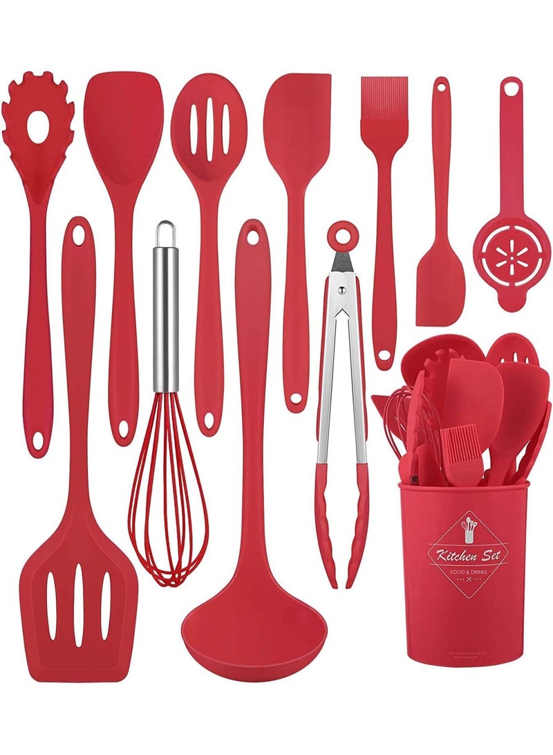 Silicone Cookware Set, 12 Pieces Kitchen Utensil Set, Non-Stick Heat Resistant Silicone, Cookware with Stainless Steel Handles, BPA Free, Non-Toxic (Red)