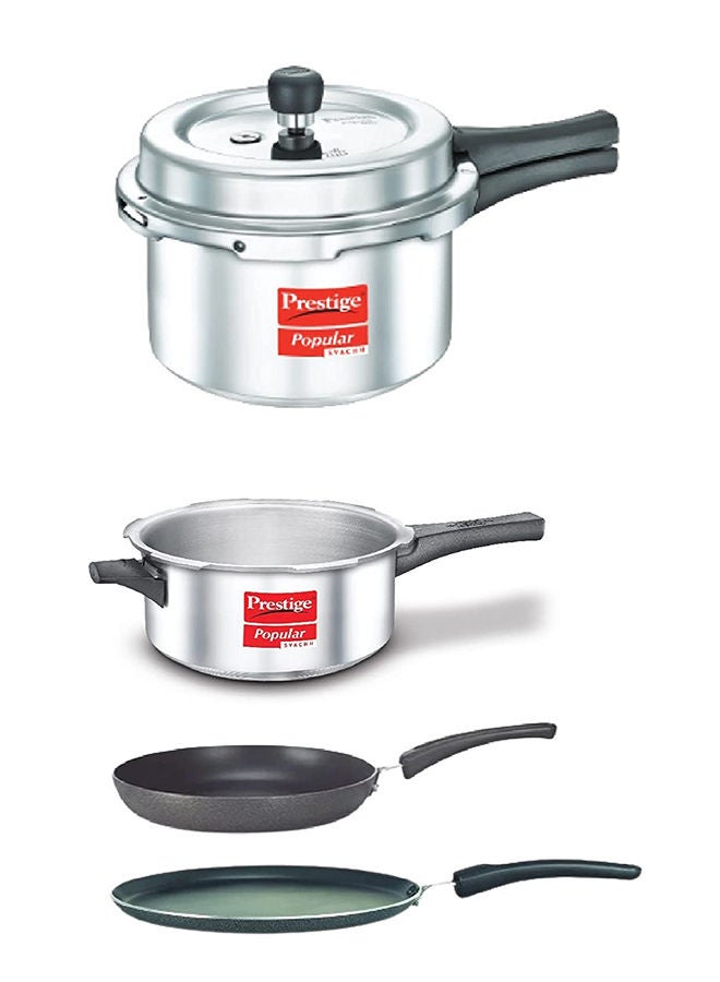 8Liters Prestige Kitchen Starter Pack (Popular Svachh 5 Ltr + 3 Ltr Body + Fry Pan 200mm + Tawa 275mm) Silver/Black