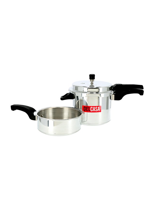 2-Piece Aluminium Pressure Cooker With Lid 5 Ltr And Pressure Pan Without Lid 3 Ltr Heat Resistant Side Handles 5.0Liters
