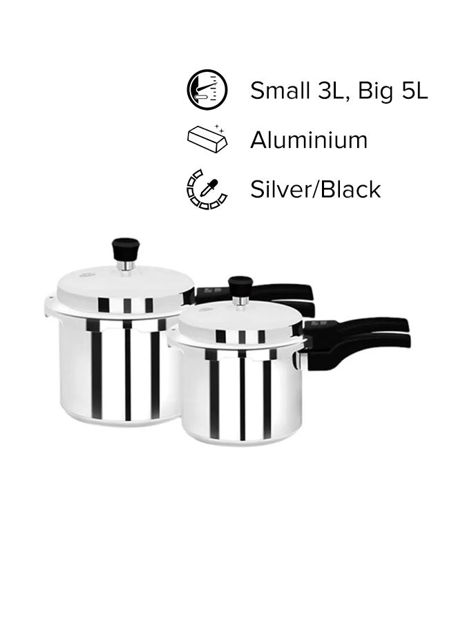 3L+5L Combo Aluminium Pressure Cooker Induction Compatible Uniform Heating 47.5X24X19Cm Silver With Black Handle Silver 5.0Liters