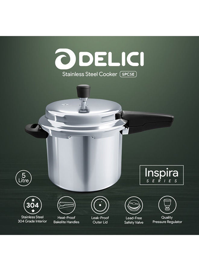 Stainless Steel Pressure Cooker 5L (SPC5E)  Quick Heating Induction Base, Safe Gasket Release, Heavy Base Sandwich Bottom - Ideal for High Thermal Cooking