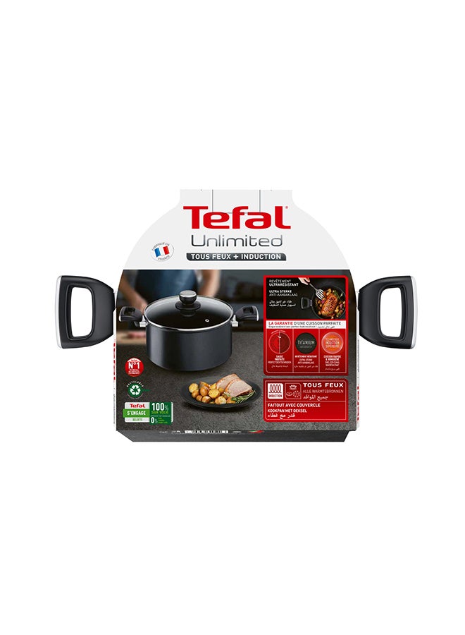 TEFAL Cooking Pot | UNLIMITED Stew Pot 24 cm with Lid | easy cleaning non stick coating thermo signal™ healthy safe induction | Made in France | 2 Years Warranty | G2554602 Black 24cm