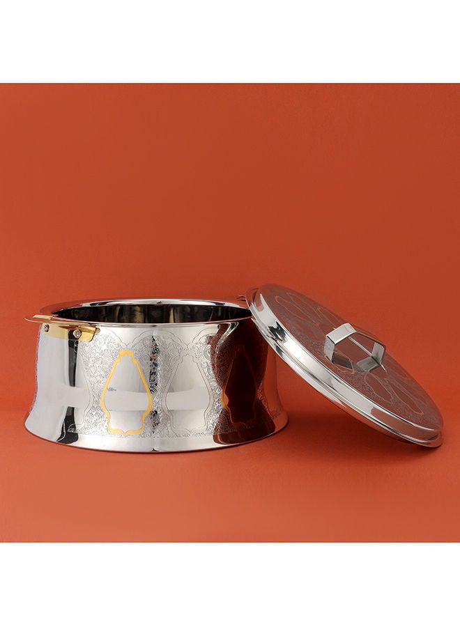 Food-Grade Hot And Cold Hotpot With Double Wall Vacuum Insulation| Firm Twist Lock To Keep Food Fresh For Long| Elegant And Unique Design Perfect For Rice Roti Curry| Silver and Golden Silver and Golden 32x32x16.5 cmml