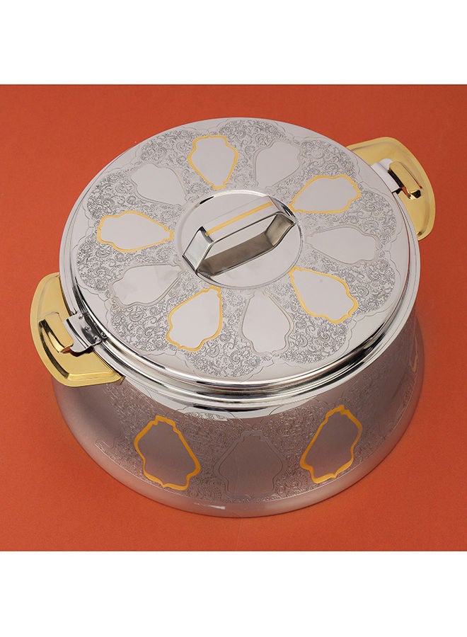 Food-Grade Hot And Cold Hotpot With Double Wall Vacuum Insulation| Firm Twist Lock To Keep Food Fresh For Long| Elegant And Unique Design Perfect For Rice Roti Curry| Silver and Golden Silver and Golden 32x32x16.5 cmml