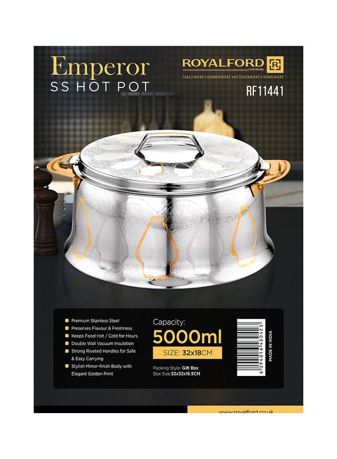 Food-Grade Hot And Cold Hotpot With Double Wall Vacuum Insulation| Firm Twist Lock To Keep Food Fresh For Long| Elegant And Unique Design Perfect For Rice Roti Curry| Silver and Golden Silver and Golden 32x32x16.5 cmml