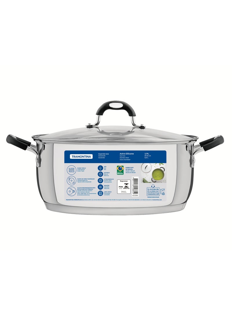 Since 1911,Made in Brazil- Solar Silicon 30cm 8.9L Shallow Stainless Steel Casserole with Tri-ply Bottom, Solar Silicon, 30cm, 8.9L, Shallow, Stainless Steel, Casserole, Tri-ply Bottom, Glass Lid, Efficient, Versatile, High-Quality, Heat-Resistant Handles, Safety, Transparent Glass, Energy-Saving, Cooking, Cooktop Compatibility, Culinary, Browning, Frying, Durable