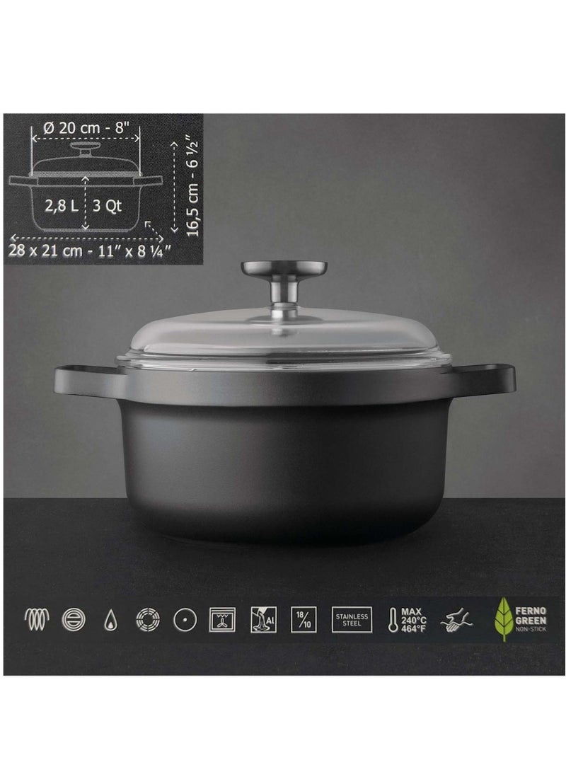 Berghoff Gem Aluminium Casserole With Lid Suitable for all hobs, including induction Black/Clear 20centimeter 2.8 ltr