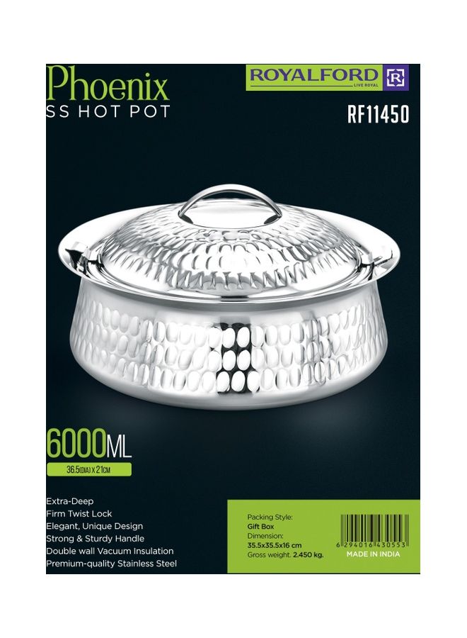 Phoenix Stainless Steel Hotpot Food-Grade Hot And Cold Hotpot With Double Wall Vacuum Insulation Firm Twist Lock To Keep Food Fresh For Long| Elegant And Unique Design, Silver 36.5(d)x21 cmml