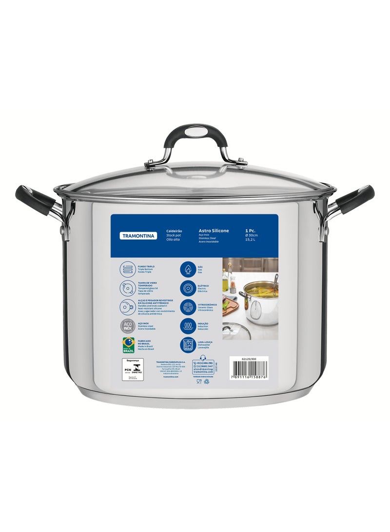 Since 1911,Made in Brazil- Solar Silicon 30cm 15.2L Stainless Steel Stock Pot with Tri Ply Bottom,