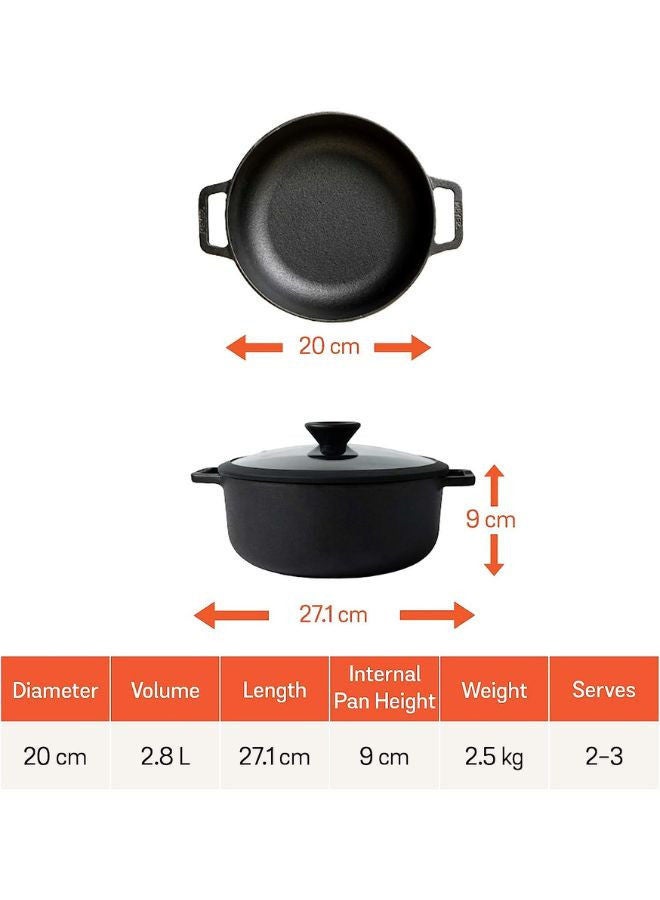 Meyer Pre-Seasoned Cast Iron Dutch Oven | Biryani Pot | Cast Iron Casserole with Heavy Bottom |Cooking Pot with Lid| Biryani Pot Induction Bottom| Stew Pot| Cast Iron Cookware 20cm/ 2.8 Litre Black