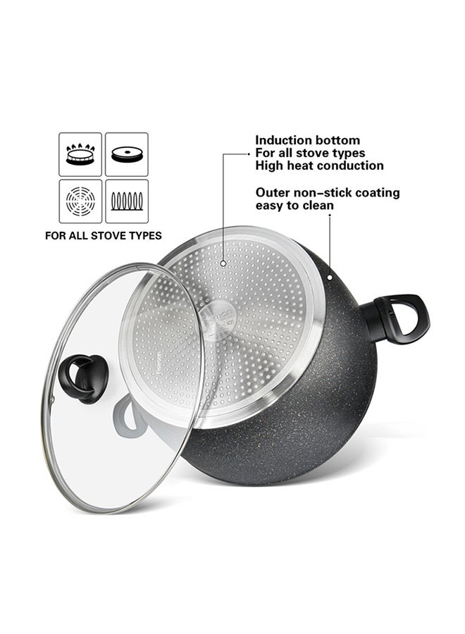 7.35 Liter Stockpot Magna Series Aluminum TouchStone Coating With Induction Bottom And Glass Lid For All Types Of Stoves Black 28x14cm