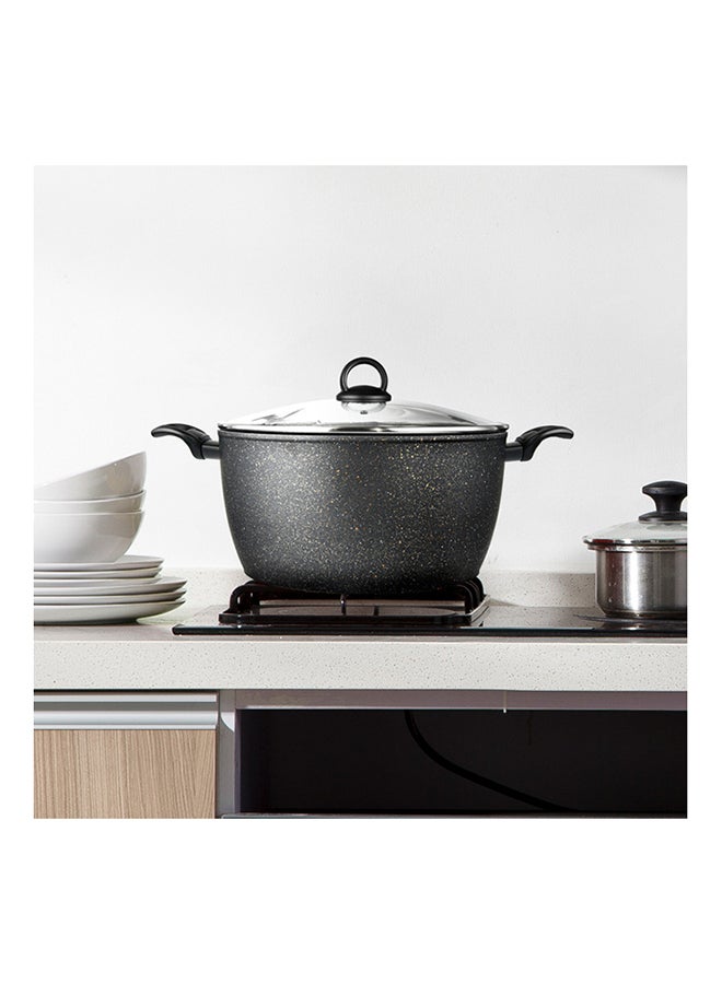 7.35 Liter Stockpot Magna Series Aluminum TouchStone Coating With Induction Bottom And Glass Lid For All Types Of Stoves Black 28x14cm