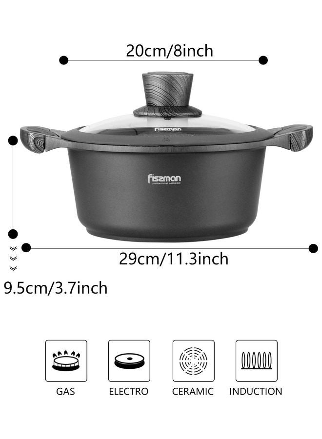 Aluminium With Non-Stick Coating Stock Pot With Glass Lid And Induction Bottom 2.4L Black 20x9.5cm