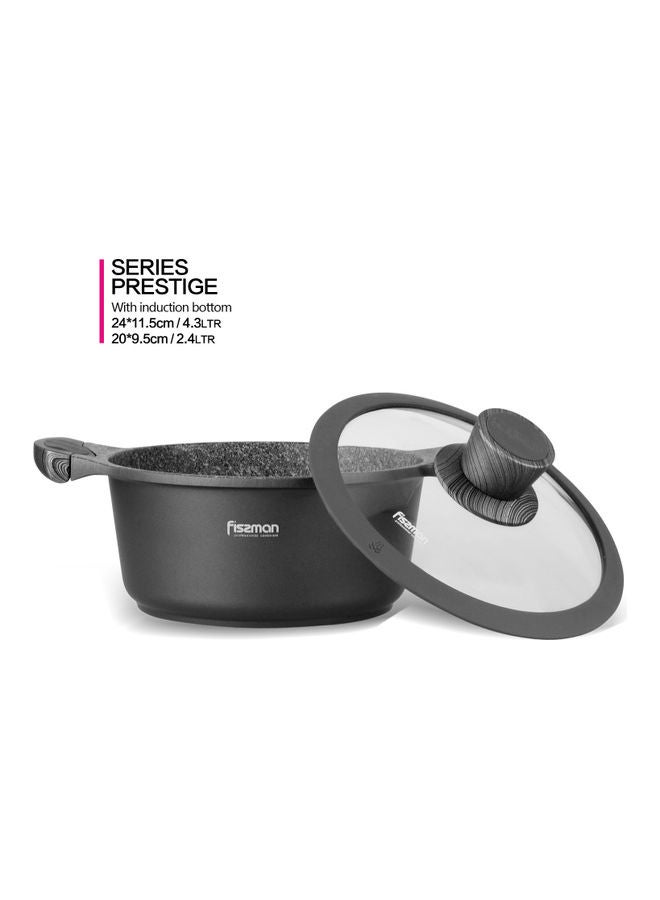 Aluminium With Non-Stick Coating Stock Pot With Glass Lid And Induction Bottom 2.4L Black 20x9.5cm