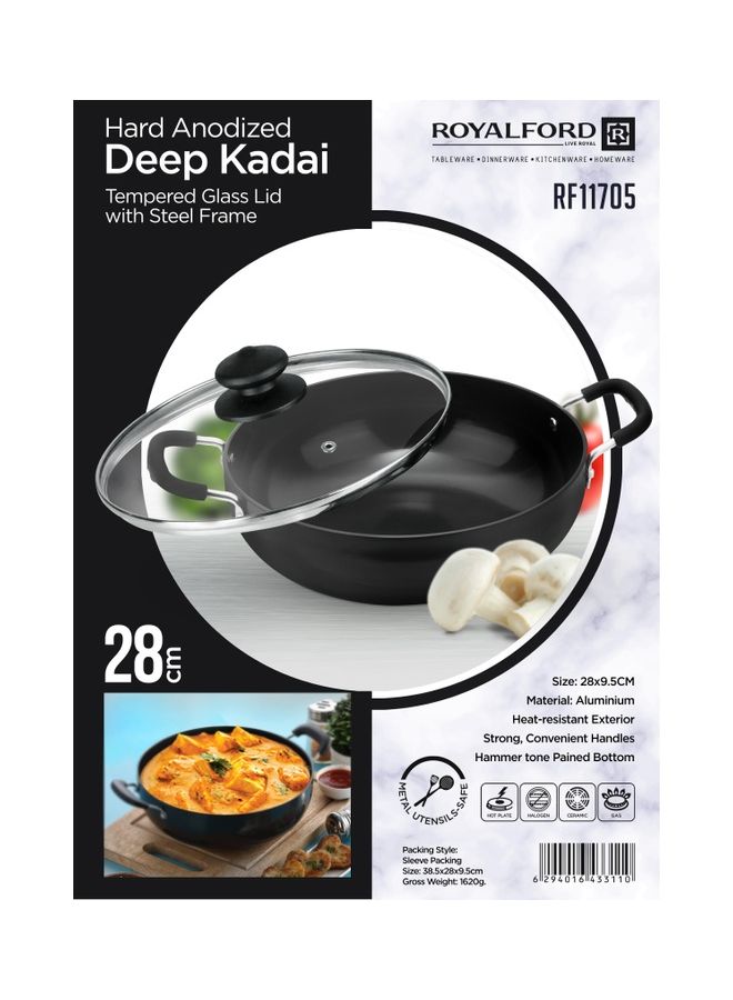 Hard Anodized Deep Kadai Tempered Glass Lid With Steel Frame 28X9.5Cm Aluminium Metal Utensils Safe  Multicolor Made In India Black 28X9.5Cmcm