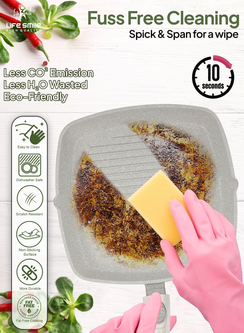 Grill pan Non-stick Granite Coating with lid | Oven Safe | versatile grill pan with drop opening with detachable handle, Skillet for large cooking surface, PFOA free (28 CM, Dark Grey)