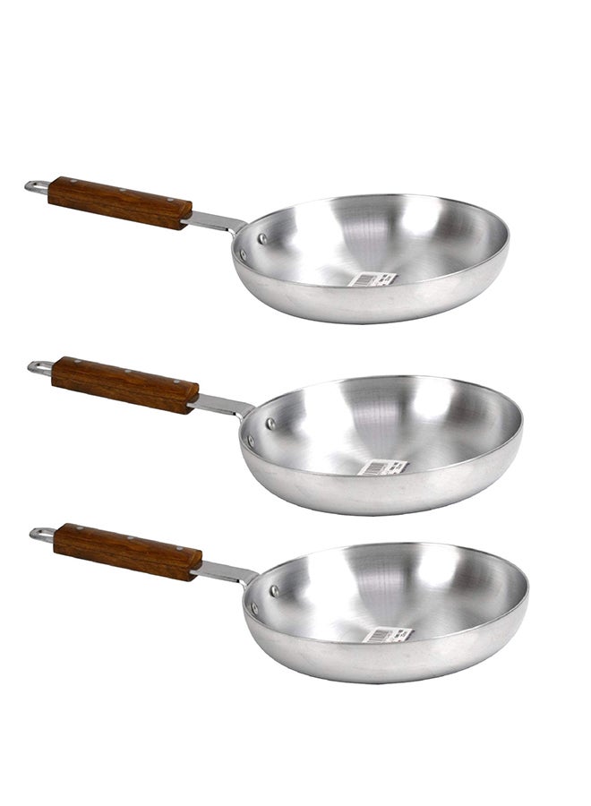 3-Pieces Aluminium Fry Pan With Wood Handle Set silver 24cm