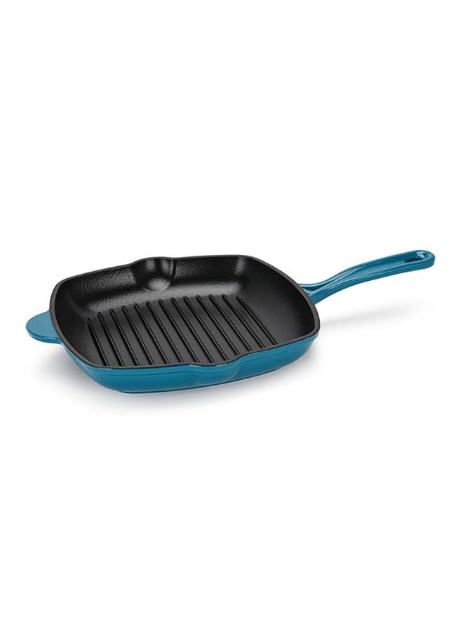 Square Grill Pan Enamel Cast Iron With Helper Handle Seasoned For Non-Stick Surface, Broiler Grill Safe Kitchen Skillet Restaurant with Easy Grease Drain Spout, Great Grilling 27cm