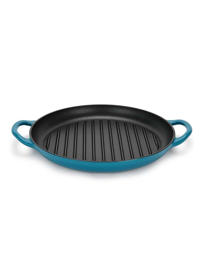 Round Grill Pan Enamel Cast Iron With Helper Handle Seasoned For Non-Stick Surface Cookware Range Oven, Broiler Grill Safe Kitchen Skillet Restaurant with Easy Grease Drain Spout, Great Grilling 30cm
