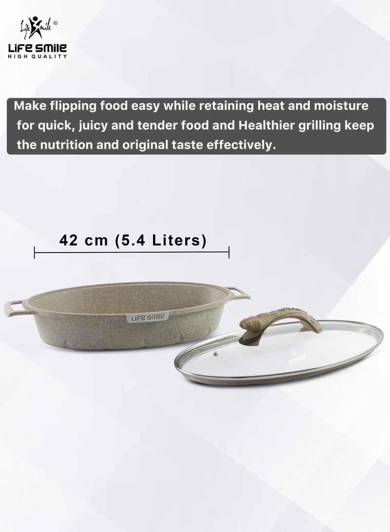 Shallow Fish Frying Pan With lid , Granite Coating Non Stick Oval Frying pan - Fish Pan