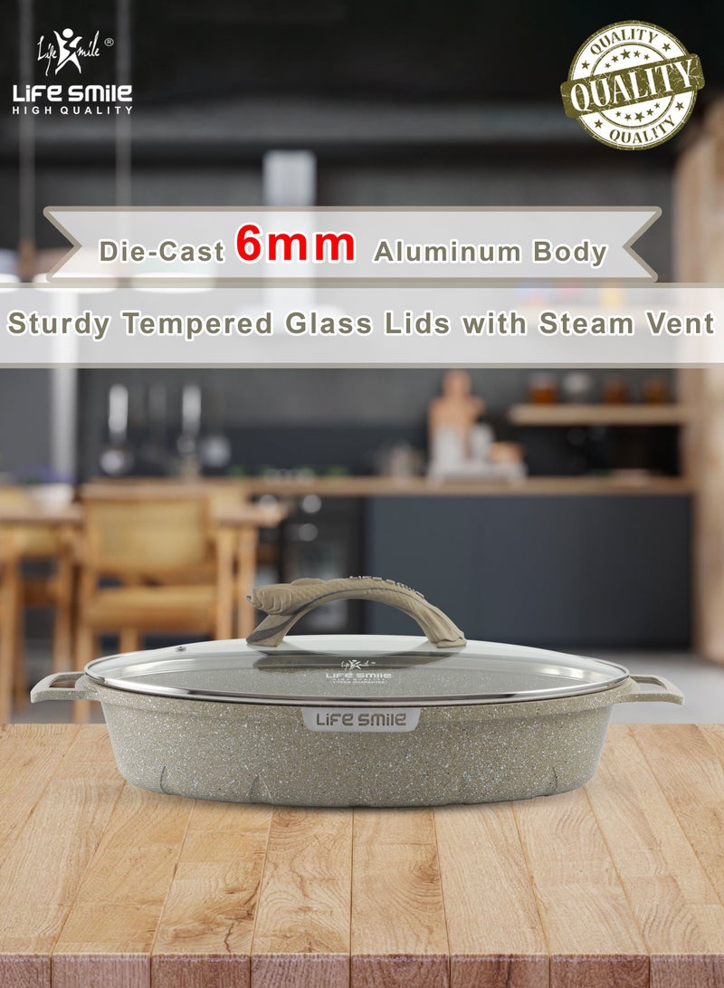 Shallow Fish Frying Pan With lid , Granite Coating Non Stick Oval Frying pan - Fish Pan