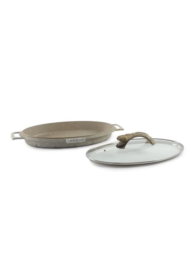 Shallow Fish Frying Pan With lid , Granite Coating Non Stick Oval Frying pan - Fish Pan