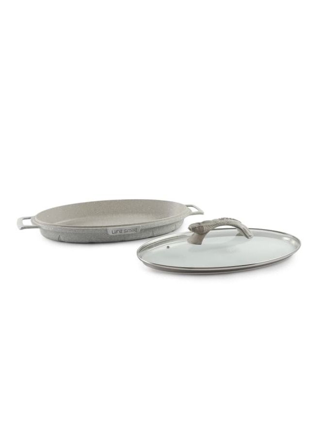 Shallow Fish Frying Pan With lid , Granite Coating Non Stick Oval Frying pan - Fish Pan