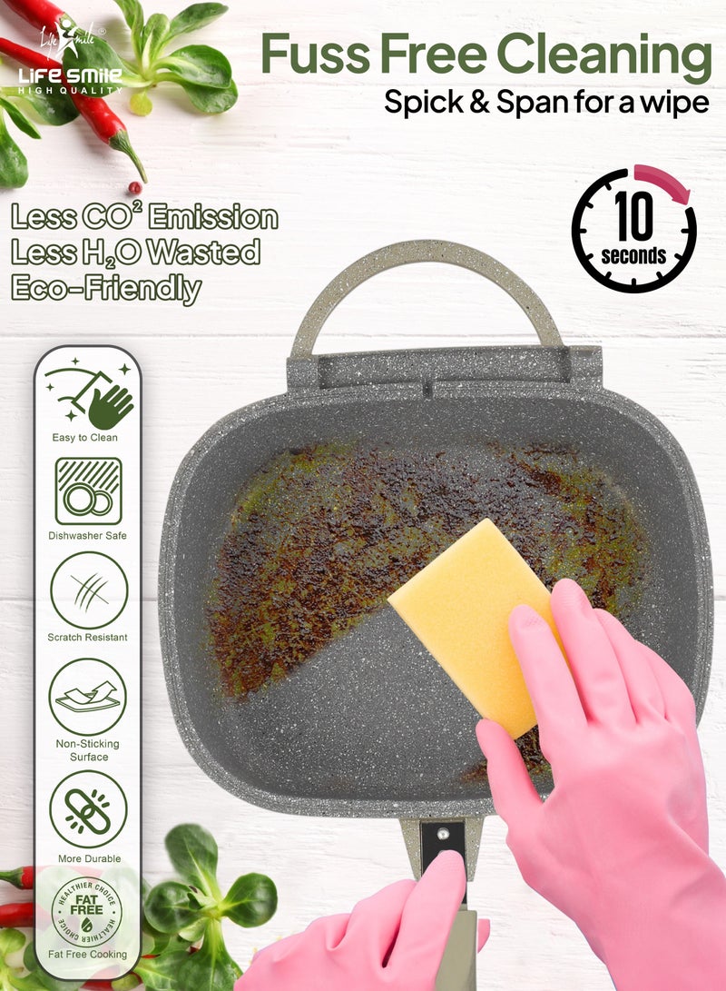 30 CM Smart Deep Double Grill Pan - Multi Layer Granite Non Stick With Magnetic Handle - Flipping Deep Grill Fry Pan - Multiple Hob Compatibility (Dark Green)