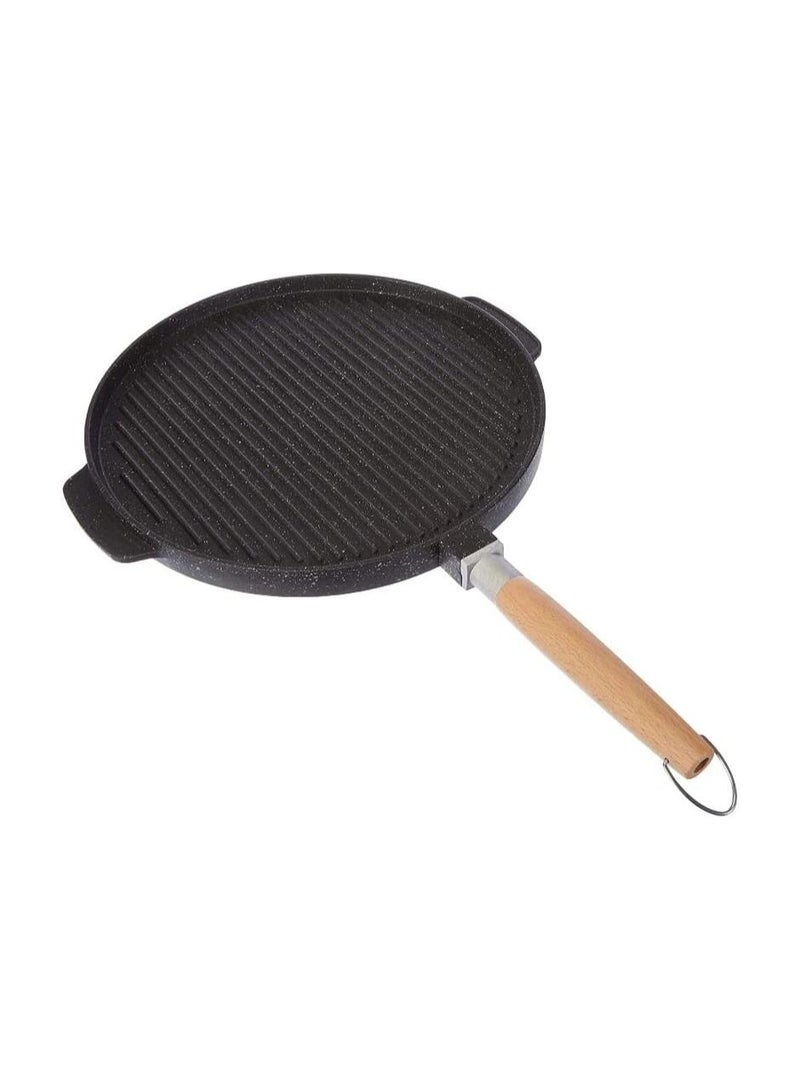 Double Sided Multipurpose Grill Frying Pan, Wooden Handle, Stone, Black 36cm