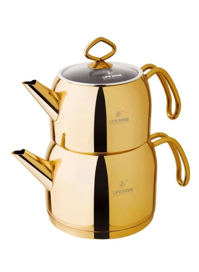 Scratch Proof 18&10  Stainless Steel Double Tea Kettle Teapot with Induction Bottom Gold 2 Liter