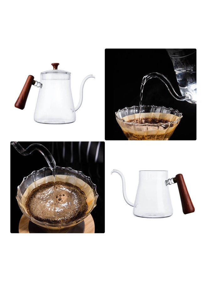 Pour Over Coffee Kettle Long Narrow Spout Hand Drip Pot with Lid Wood Handle 600ml Clear/Brown