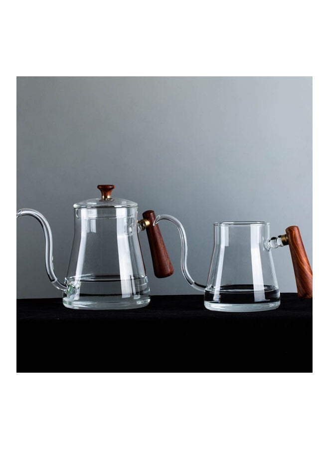 Pour Over Coffee Kettle Long Narrow Spout Hand Drip Pot with Lid Wood Handle 600ml Clear/Brown