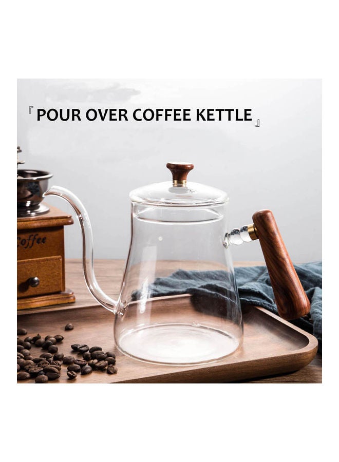 Pour Over Coffee Kettle Long Narrow Spout Hand Drip Pot with Lid Wood Handle 600ml Clear/Brown