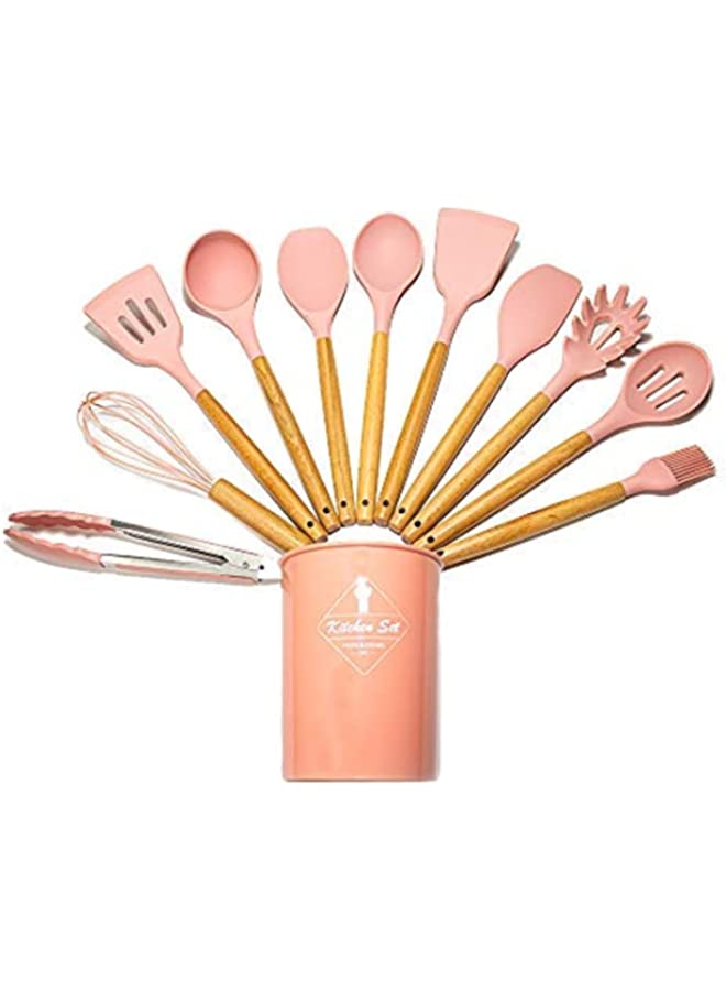 11 Pieces Kitchen Utensils Silicone Set Cooking Spoons Spatulas with Wooden Handle Heat Resistant Non-stick Gadgets Cookware Tools Easy to Clean and Grip (PINK)