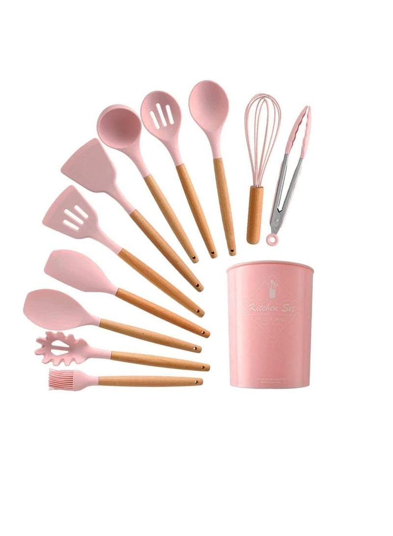 11 Pcs Silicone Nonstick Utensils with Bamboo Wood Handle kitchen utensils, Cooking Spatula Set, Non Toxic Turner Tongs Spatula Spoon Set Pink