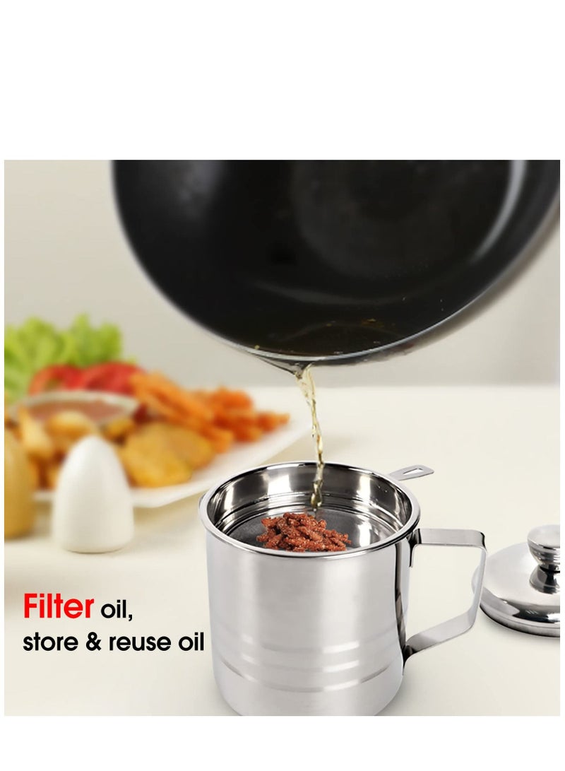 1.2L Oil Strainer Container, Stainless Steel Kitchen Cooking Oil Storage Pot Grease Keeper with Detachable Fine Mesh Filter