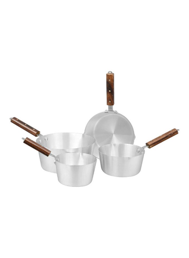 5- Piece Almunium Milk Pan With Wooden Handle Set Silver/Brown 6Liters